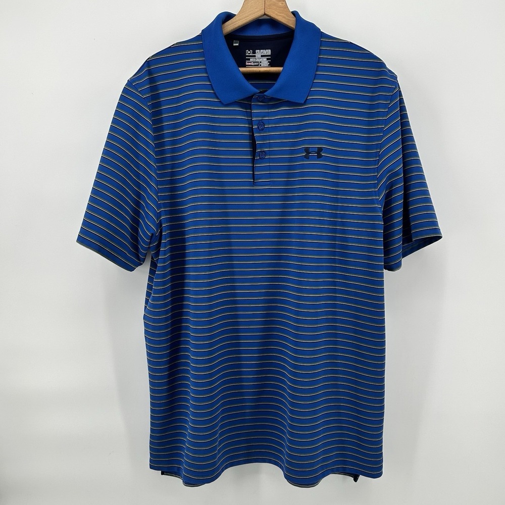 Under Armour HeatGear Polo Mens 2XL Blue Stripe Loose Fit Golf Shirt
